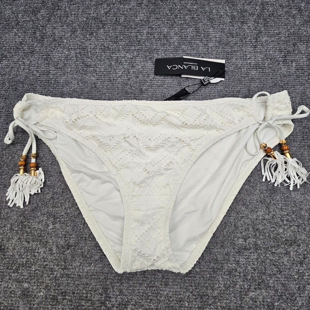 La Blanca Bikini Bottom Womens 16 White Eyelet Side Tie Tassel Swimwear NEW